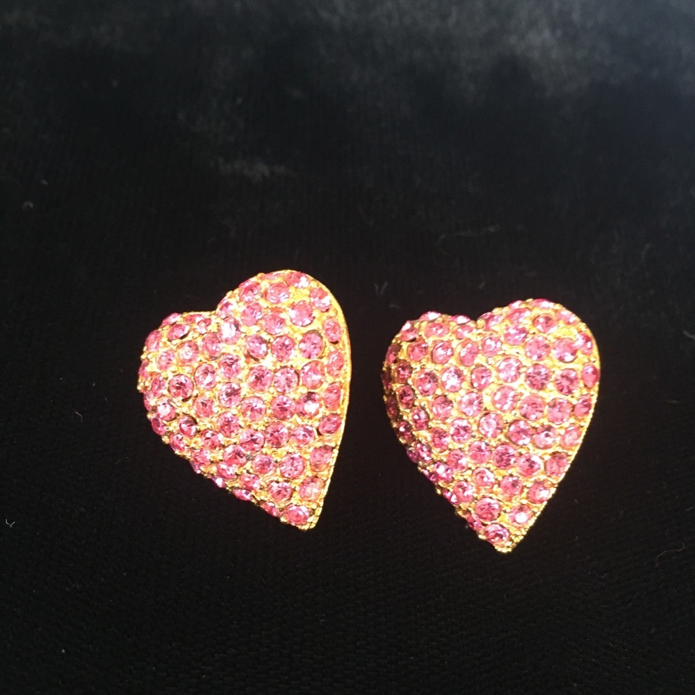 Valentine Heart Earrings Pink Rhinestone on Gold Tone